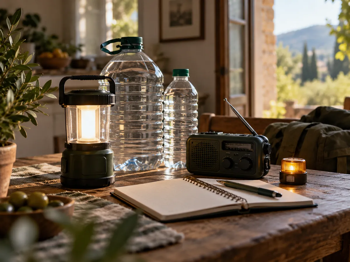 Linterna, garrafas de agua y radio sobre una mesa rústica junto a un cuaderno con apuntes.