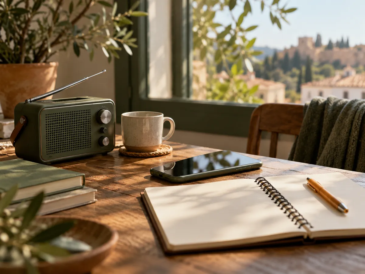 Escritorio con radio, teléfono y un cuaderno comparando fuentes, iluminado por la luz de la mañana.