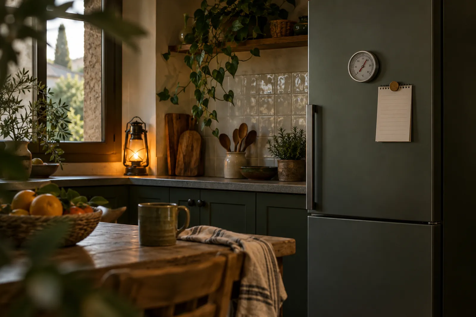 Puerta de nevera cerrada en una cocina en penumbra, con un termómetro y una libreta donde se anota la hora; luz ámbar de un farol.