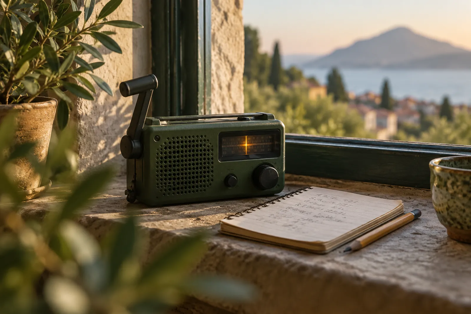 Radio de manivela, una libreta con teléfonos familiares y un lápiz en el alféizar de una ventana; brillo ámbar del dial.