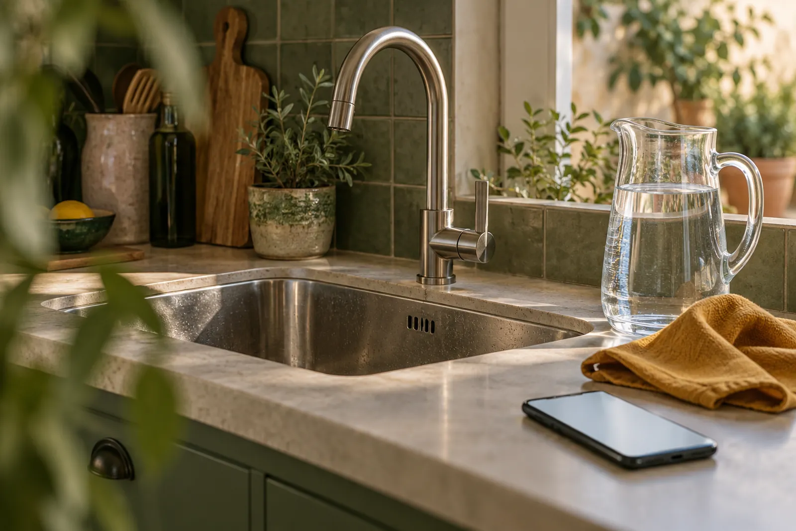 Grifo de cocina sin agua junto a una jarra con agua embotellada y un teléfono con una pantalla de aviso en blanco; un paño ámbar.