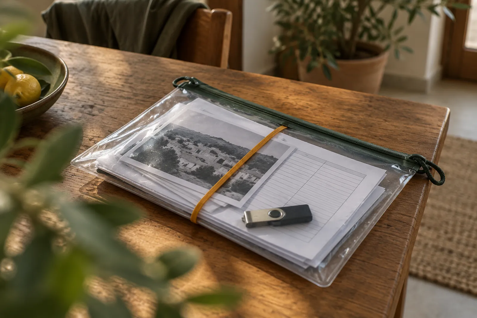 Funda impermeable con fotocopias de documentos, una lista de contactos impresa y una memoria USB, sujetas con una goma ámbar.