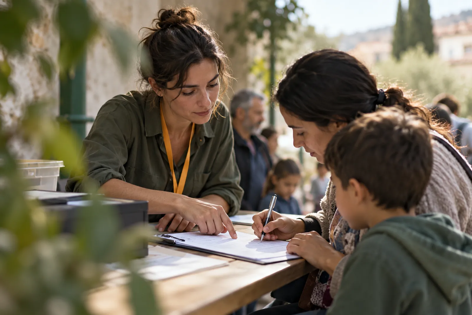 Manos rellenando un formulario de registro en un punto de ayuda humanitaria, con una persona voluntaria con un cordón ámbar; sin logotipos.