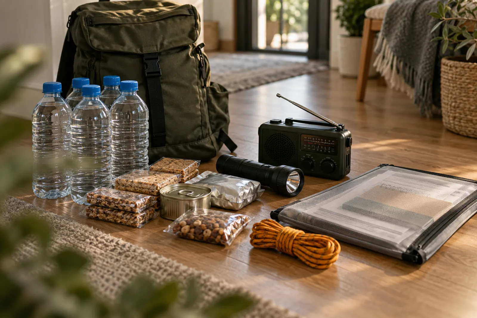 Kit de 72 horas extendido sobre suelo de madera: botellas de agua, barritas, linterna, radio, funda de documentos y un cordón ámbar.