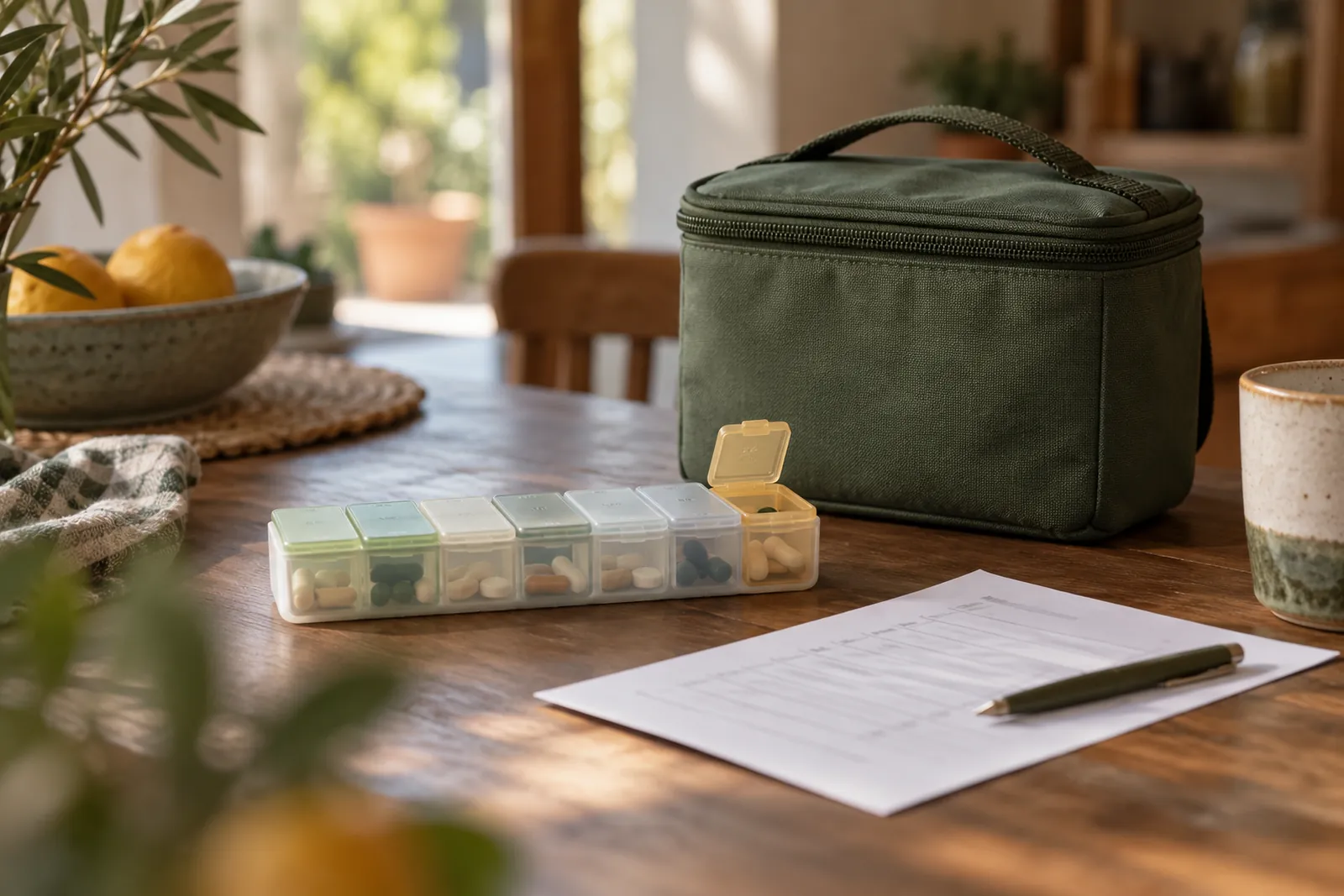 Pastillero semanal, una pequeña bolsa isotérmica y una lista de recetas impresa sobre una mesa; etiqueta ámbar.