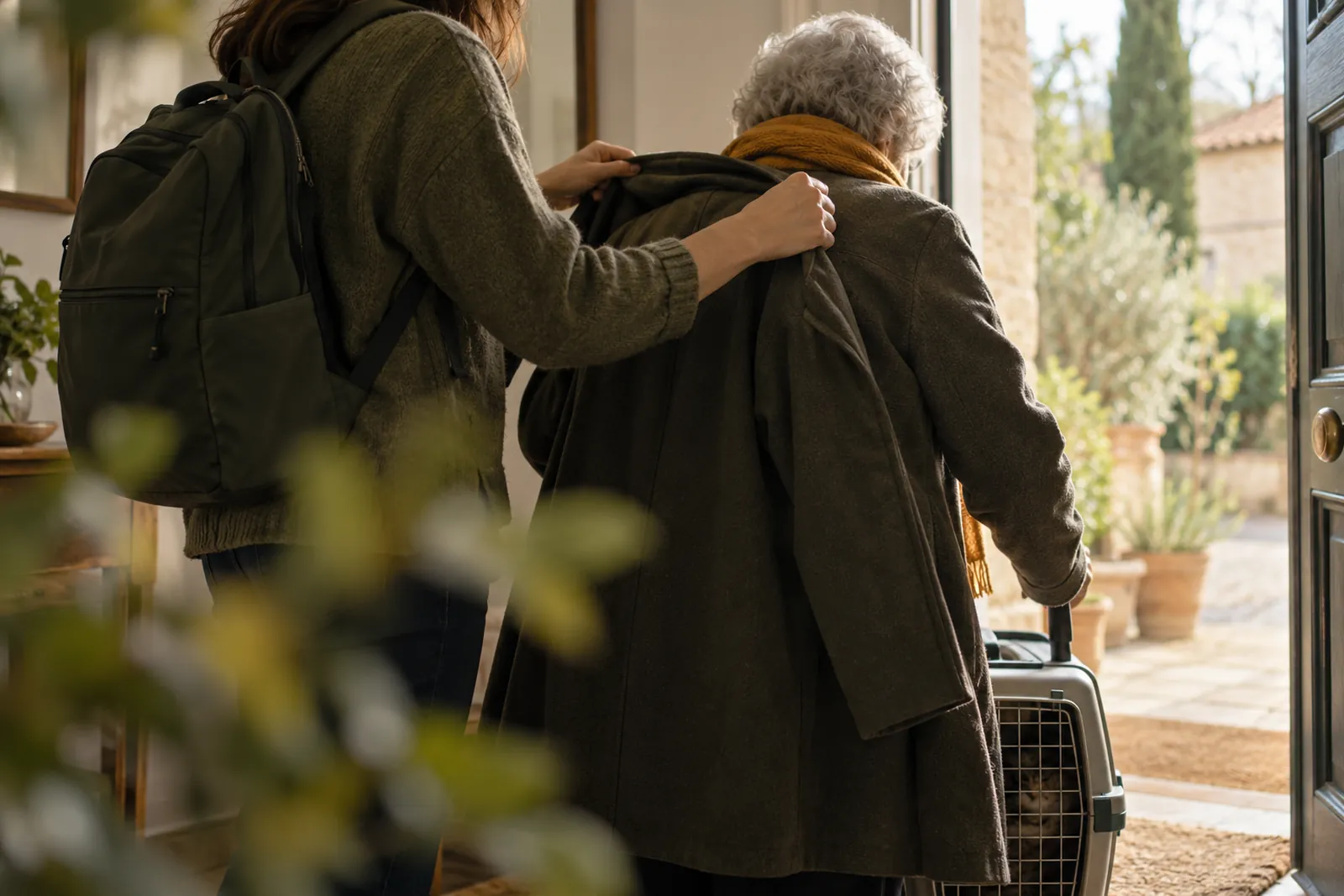Persona adulta ayudando a una persona mayor a ponerse el abrigo en la puerta, con mochila y transportín preparados; bufanda ámbar, sin rostros visibles.