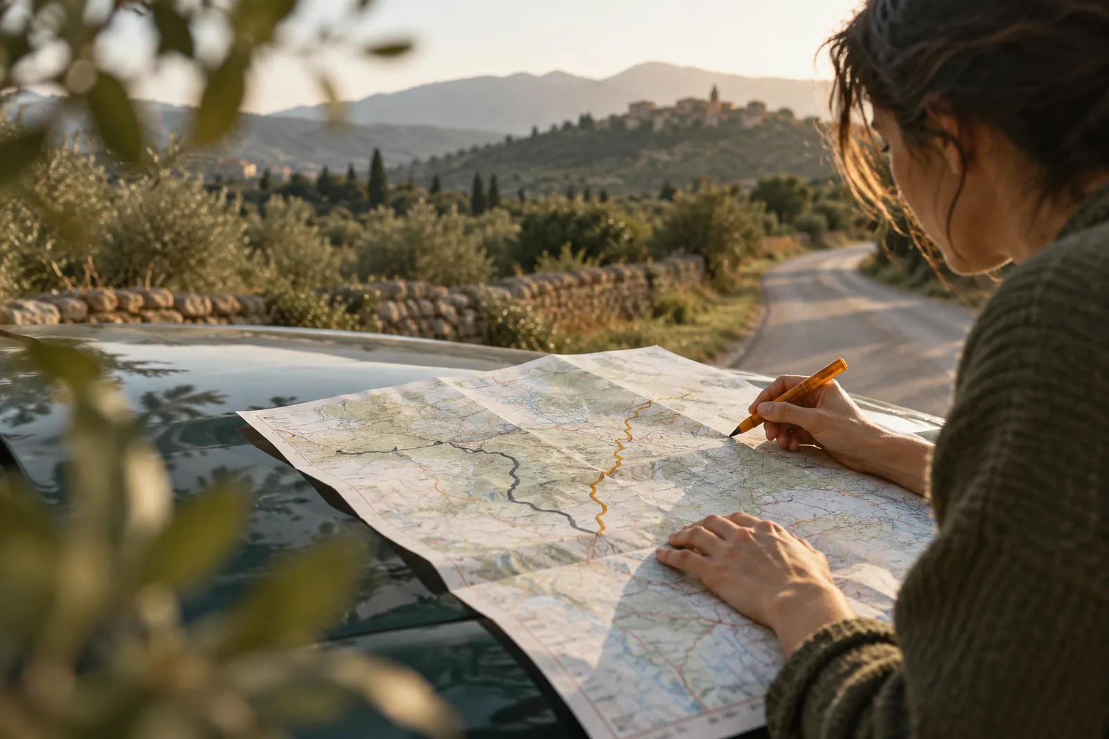 Mapa de carreteras de papel sobre el capó de un coche con dos rutas alternativas trazadas a lápiz y un rotulador ámbar; carretera rural al fondo.