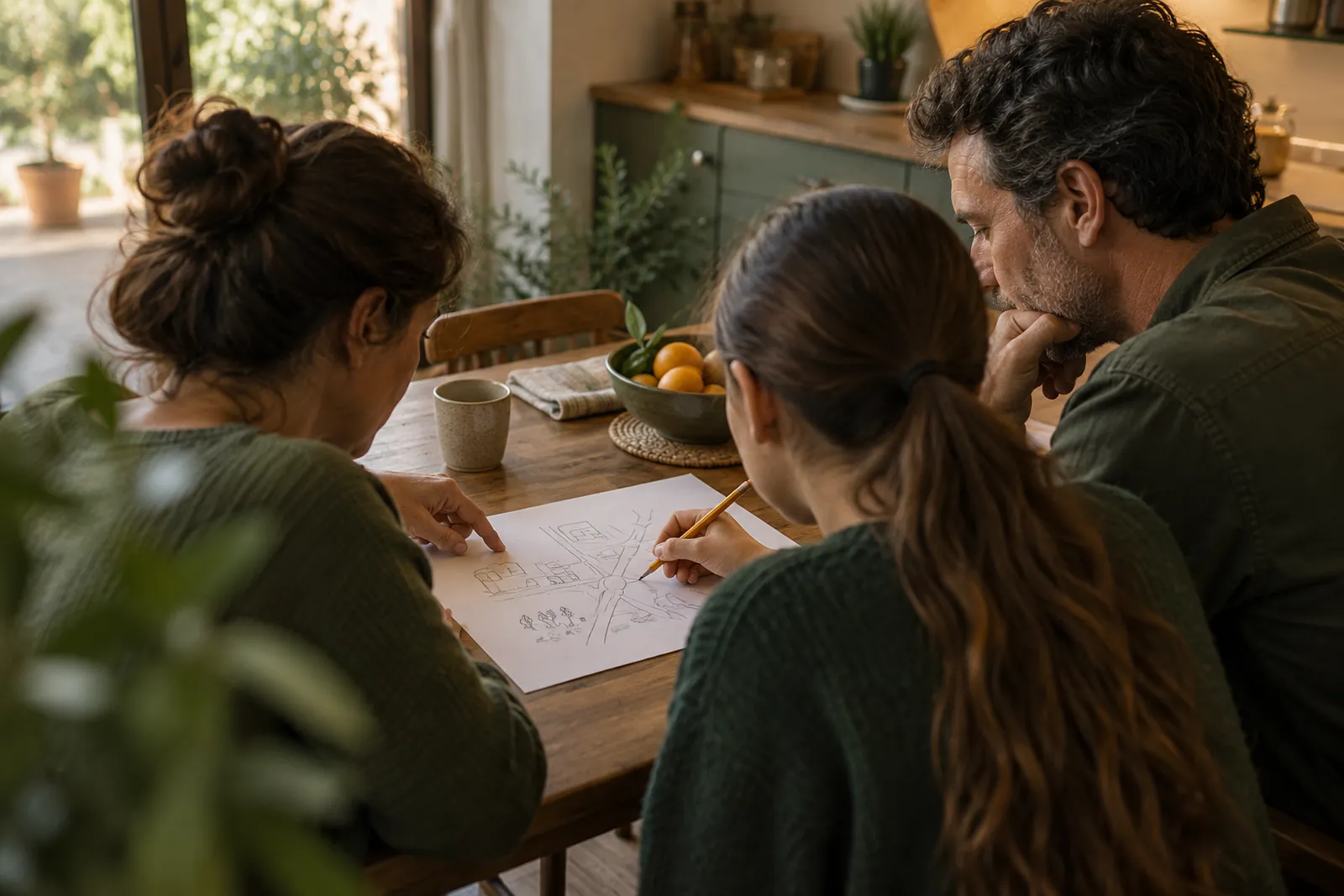 Dos personas adultas y una adolescente, de espaldas, dibujan en una mesa un mapa sencillo con un punto de encuentro; un lápiz ámbar.