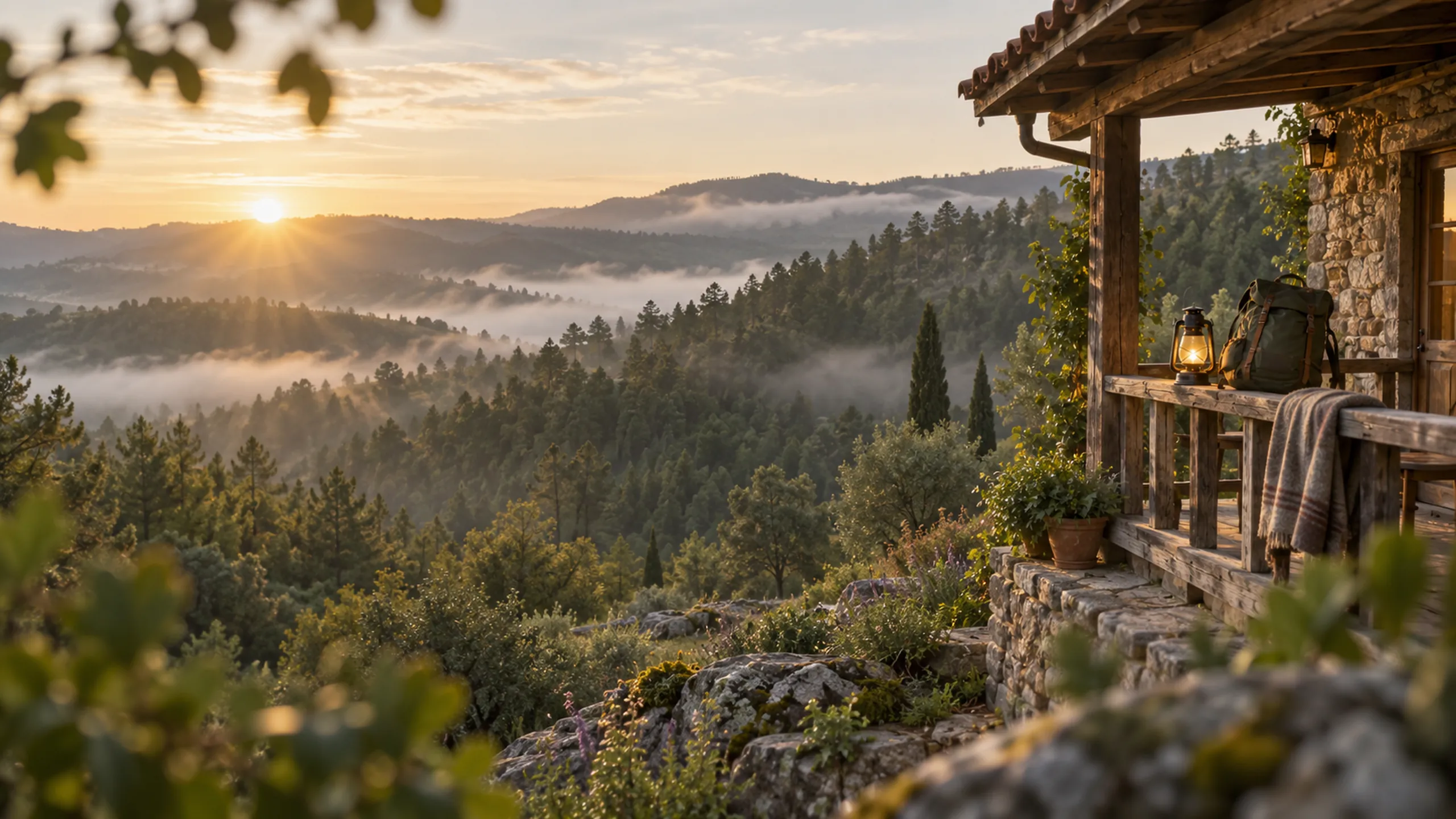 Bosque de pinos con niebla al amanecer junto a un porche de madera con una mochila y un farol encendido.