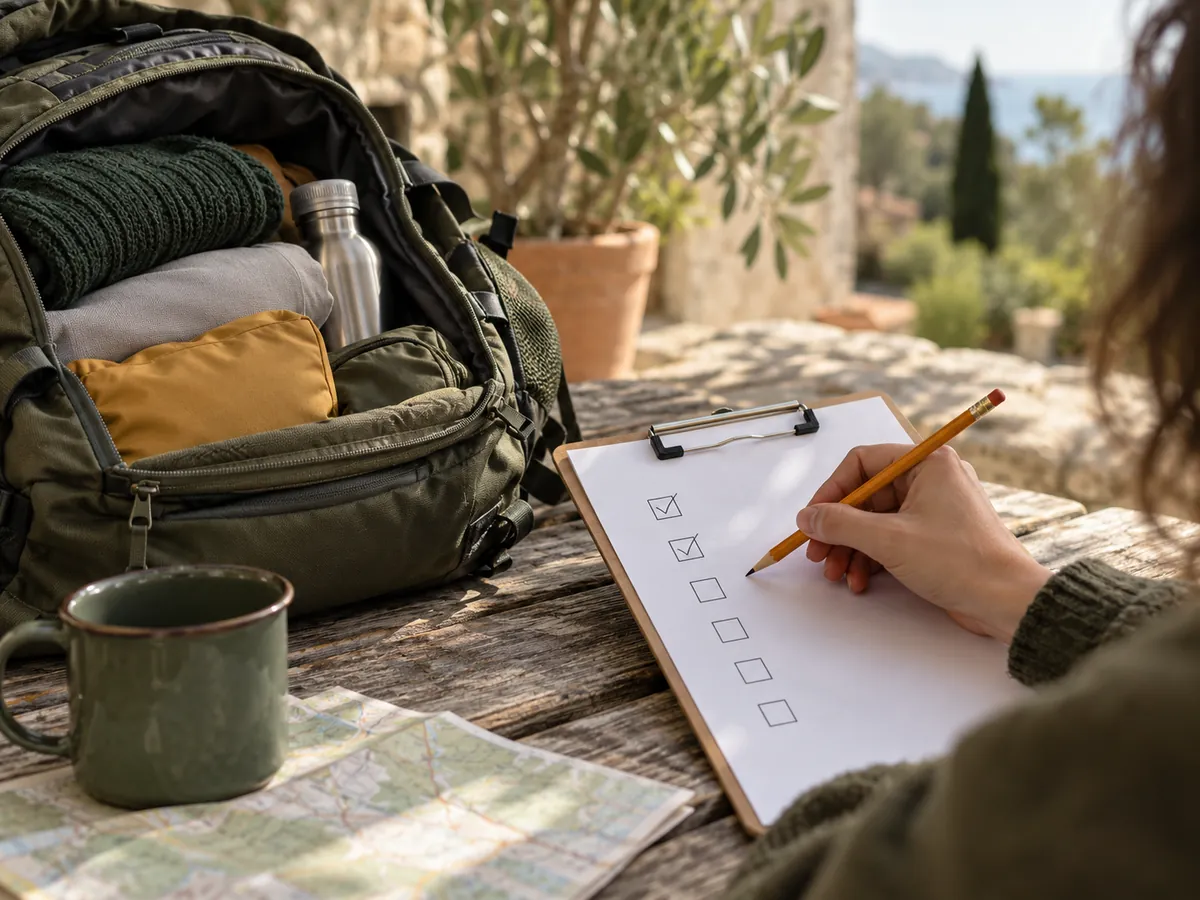 Checklist impresa en una tablilla junto a una mochila a medio preparar; un lápiz ámbar marca las casillas.