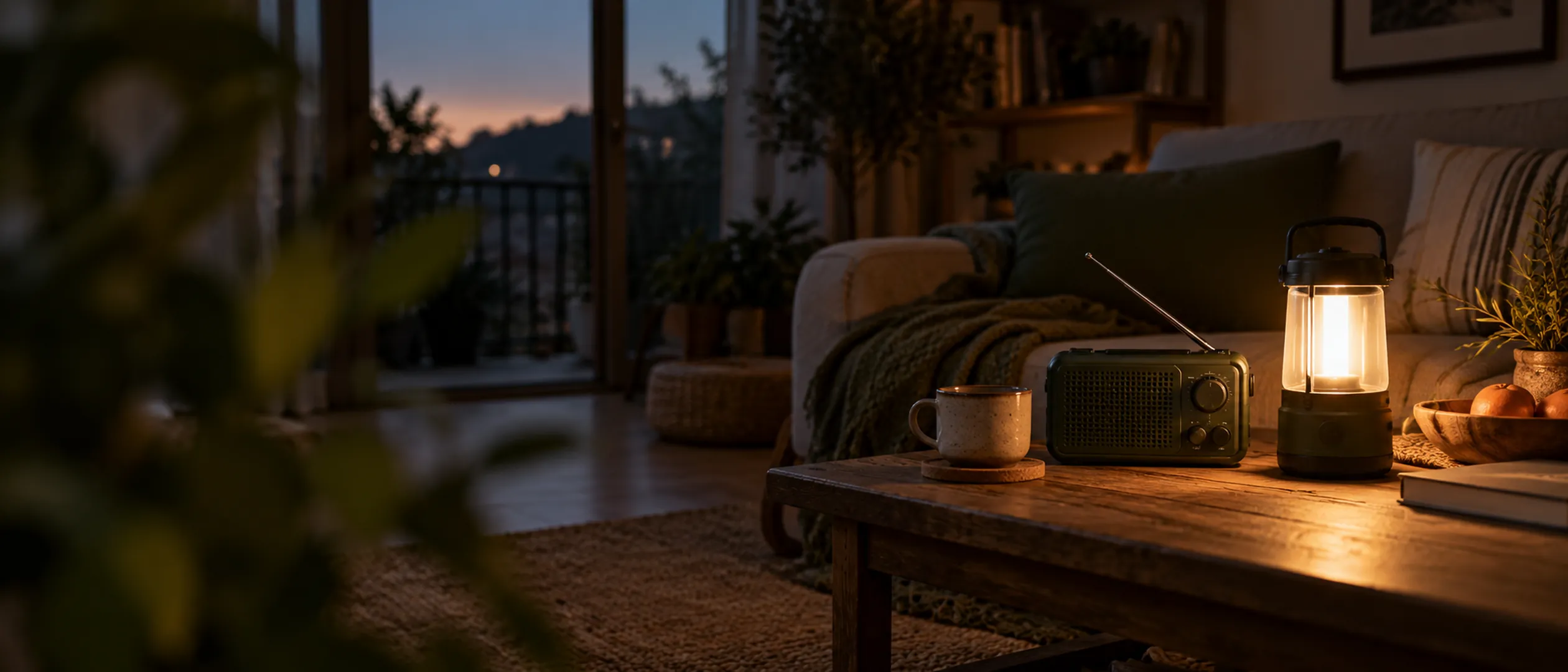 Salón al anochecer durante un corte de luz: una radio de pilas y una linterna LED iluminan una mesa de madera con luz cálida.